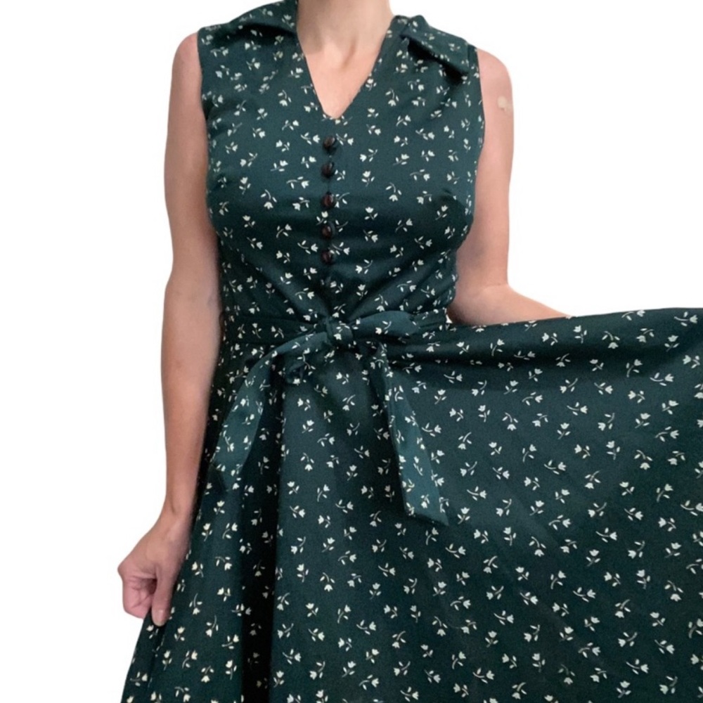 Vintage 60s / 70s Pinup Green Floral Button Dress - size women's 16 - medium - Picture 8 of 11